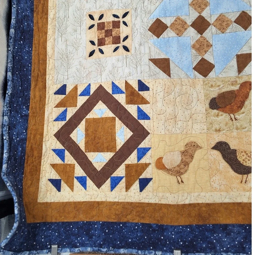 Handmade Patchwork Quilt Quail Bird Woodland Blue Brown Rustic Country Throw